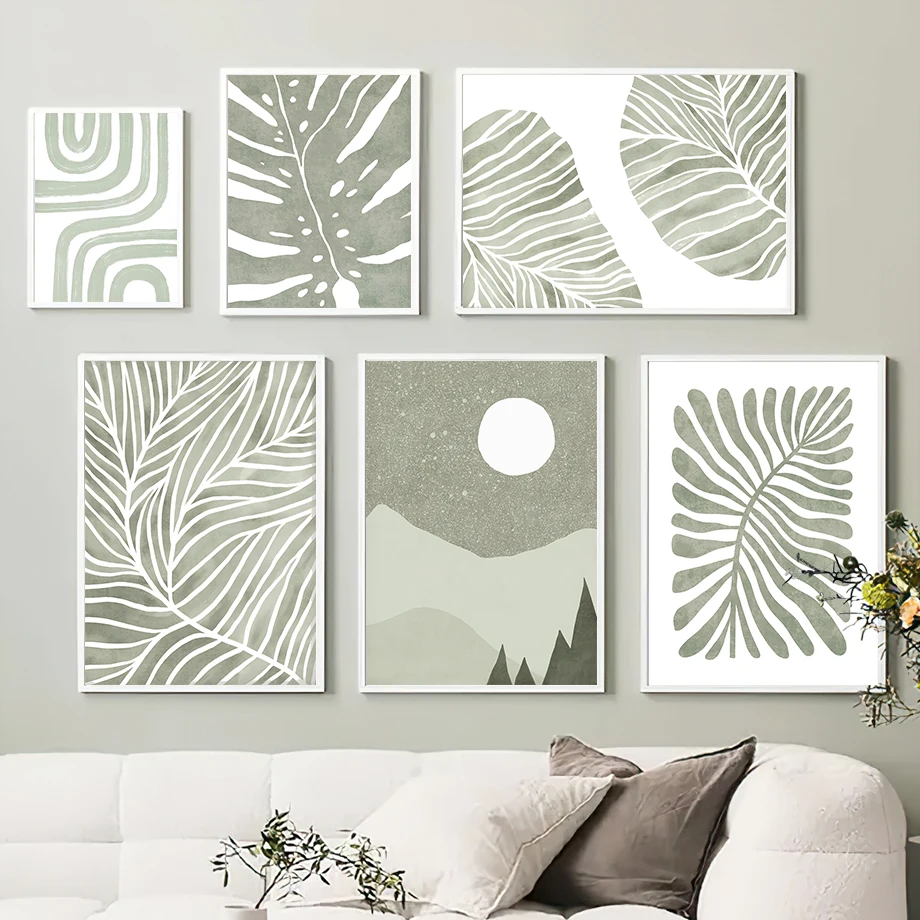 Abstract Sun Moon Monstera Leaves Lines Boho Art Canvas Painting Nordic Posters And Prints Wall Pictures For Living Room Decor