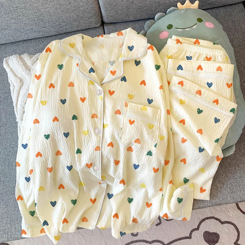 

Романтические красочные женские пижамы с принтом сердца и любви, новинка весны 202, милые модные пижамы для отдыха Y2k из молочного шелка, морщинистая ткань