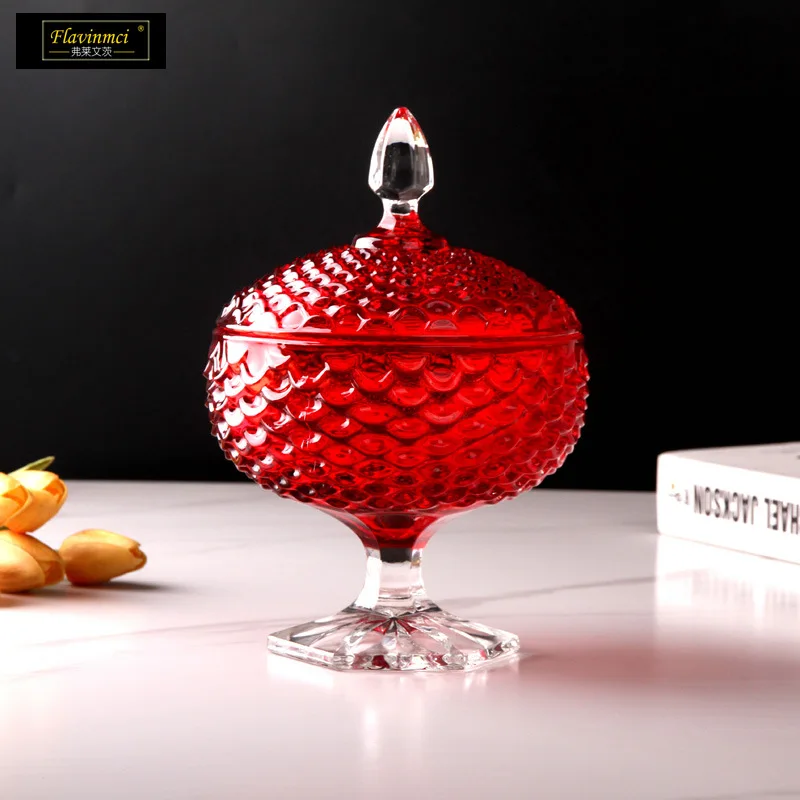 Crystal Glass Red Candy Box Household Large Capacity Dried Fruit Storage Tank Storage Jar Creative Cute Sugar Bowl with Lid