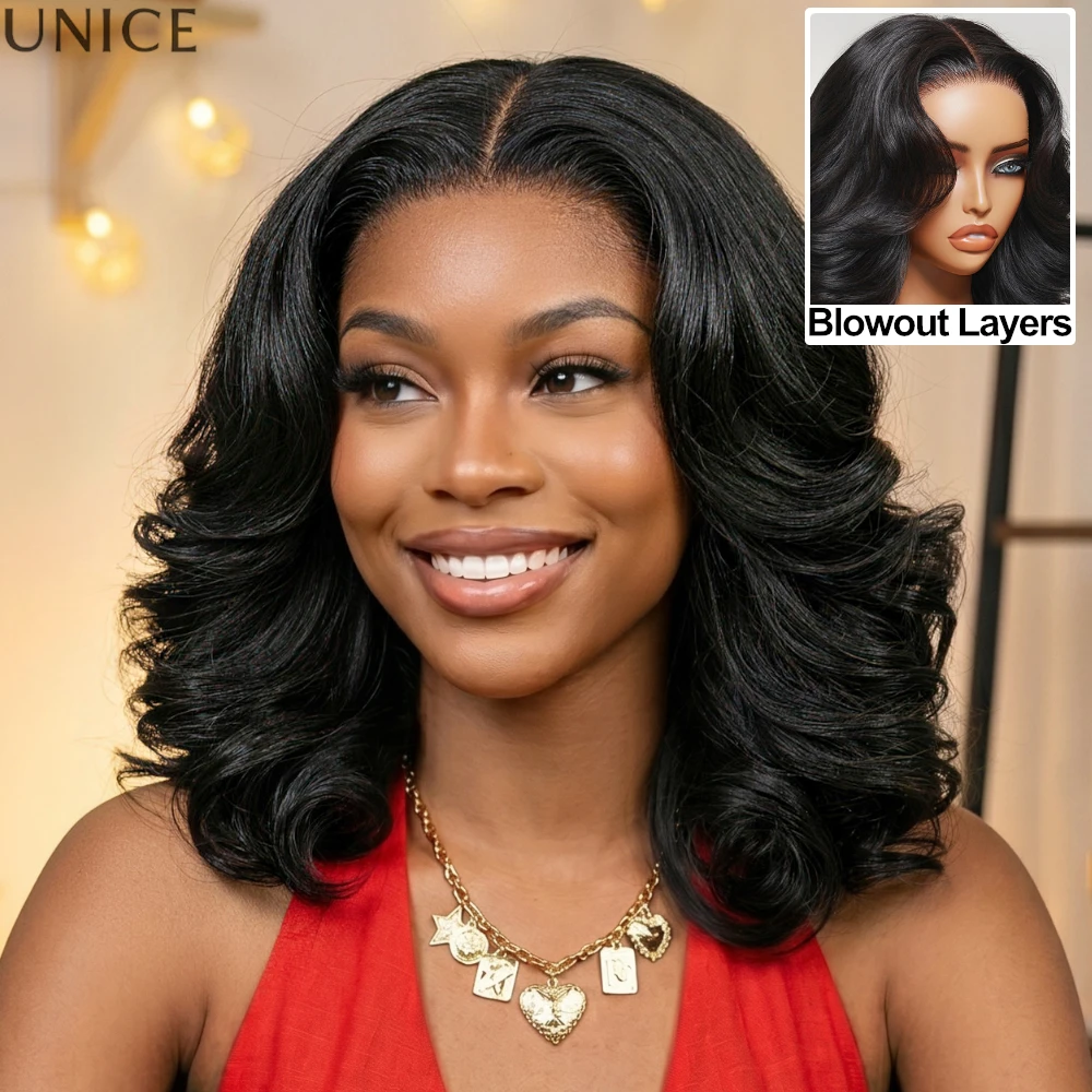 UNICE Layered Blowout Wavy Bob Wig Human Hair Glueless Wig With Drawstring 150% Density