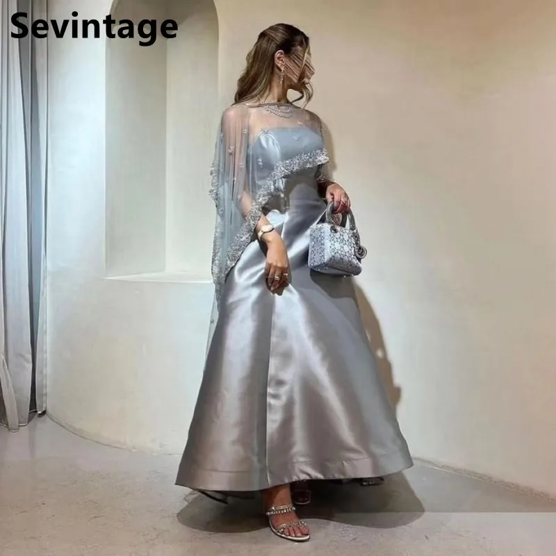

Sevintage Customized Satin Evening Dress A Line Gray Prom Dress With Cape Women Formal Party Gown Dubai 2025