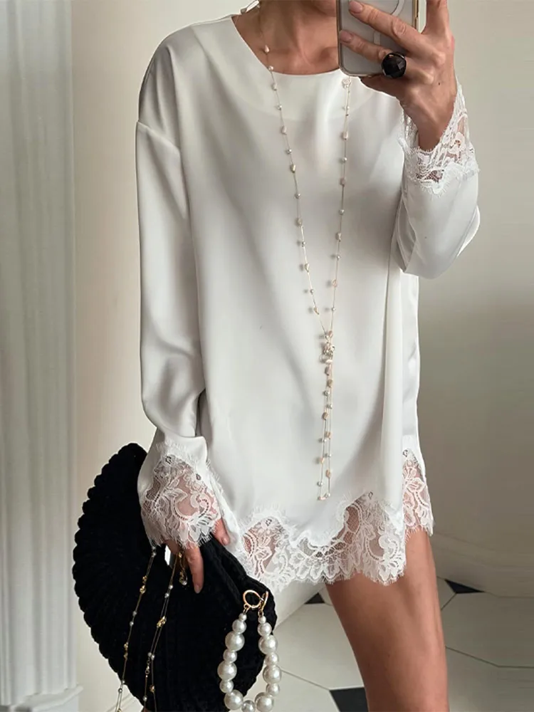 Women Satin Lace Patchwork Dress Long Sleeve O-neck Casual 2026 Spring Female Dresses Casual Solid Beach Robe not contain pearls image 2