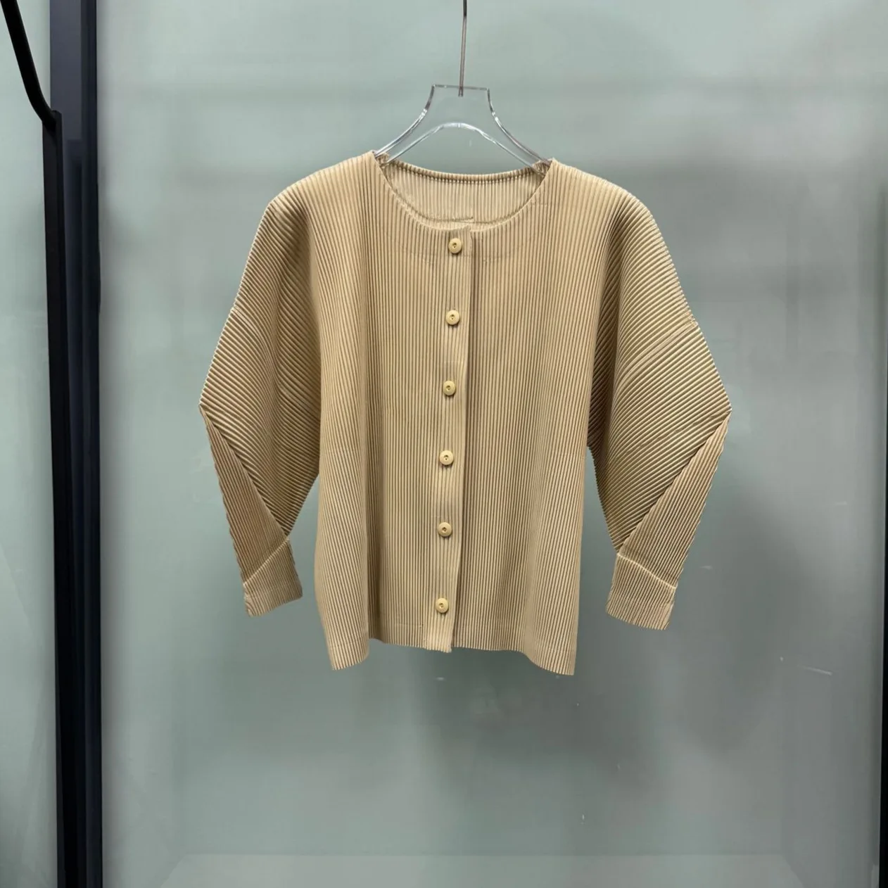 Miyake Women Round Neck Pleated Cardigan Batwing Long Sleeve Button Front Solid Color Loose Casual Knit Jacket