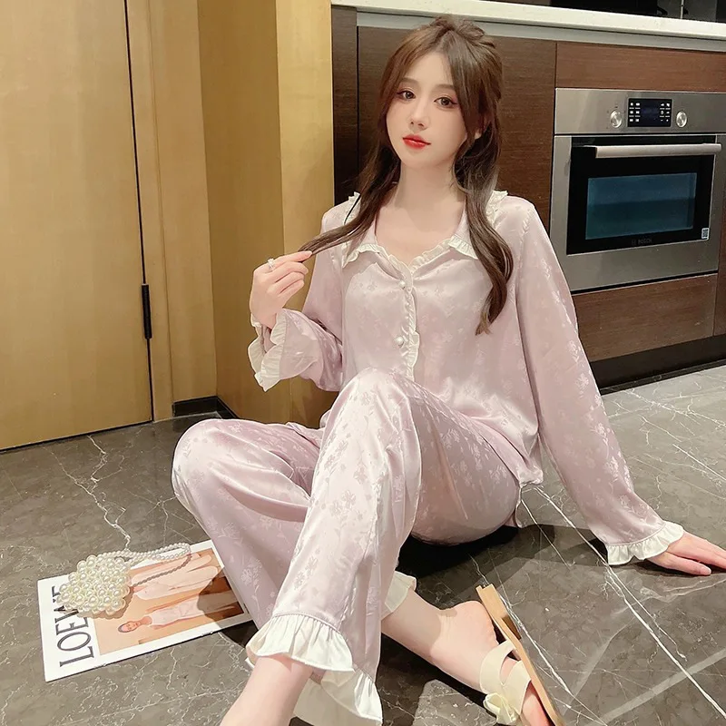 Women Pajama Set Spring Autumn 2 Piece Flounce Pyjama Pocket Faux Silk Satin Sleepwear Long Sleeve Pijama Mujer Pjs Homewear