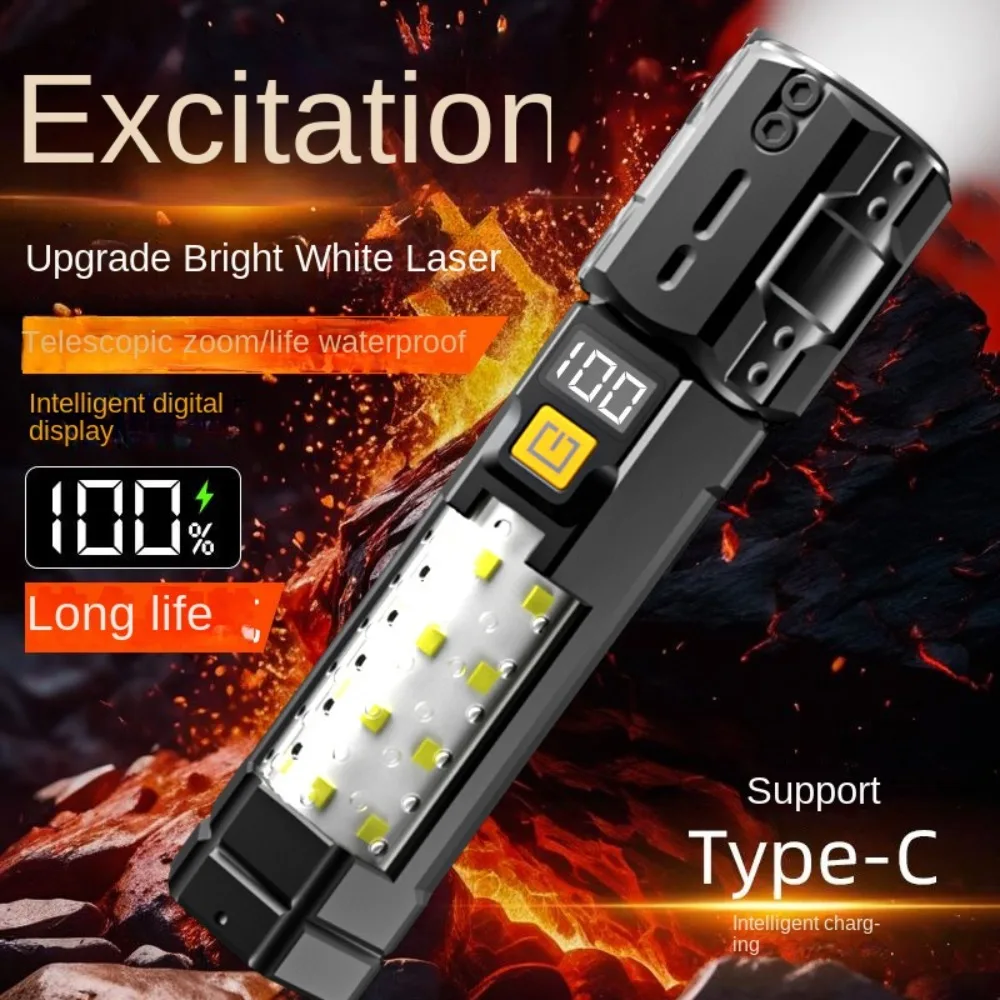 

Strong Light LED Display Flashlight Digital Display with Side Light Telescopic Zoom Torch Tail Hook Long-Range