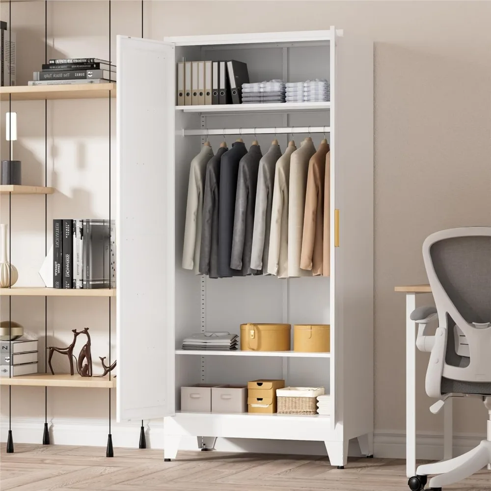 خزانة ملابس معدنية قائمة بذاتها بطول 71 بوصة مع أرفف قابلة للتعديل وقضيب تعليق، وخزانة خزانة ببابين لغرفة النوم