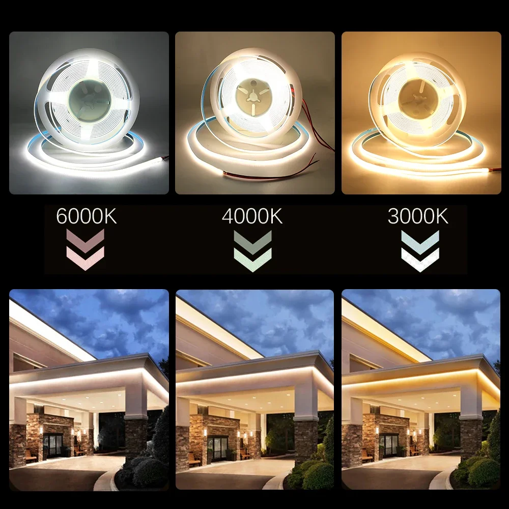 COB LED Strip Lights para Home Decor, alta densidade, luz de fita flexível, lâmpada USB, 320LEDs por m, 3mm, 5mm, 8mm de largura, DC 5V, 12V