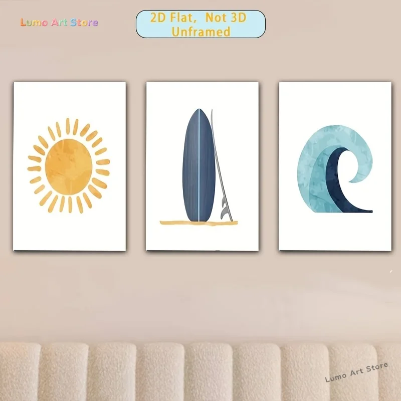 2D Flat, 3pcs Set, 2D Flat Decorative Art, Frameless, 3pcs of Fresh, Minimalist, Modern Surfing Canvas Print Wall Art, Cartoo