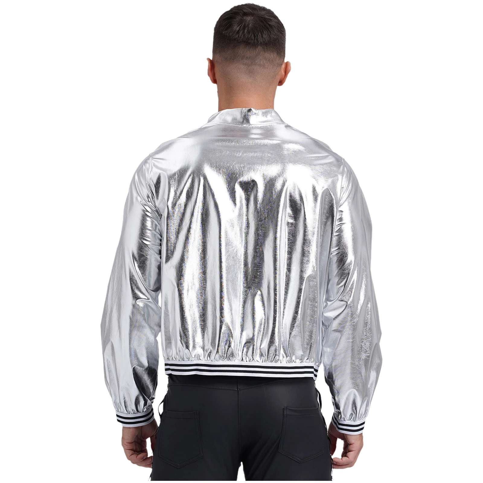 Mens Metallic Shiny Bomber Jacket Long Sleeve Zip Up Baseball Jackets Coat Rave Dance Party Festival Outfits Outerwear Clubwear