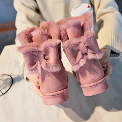 Ladies Snow Boots Elegant with Low Female Shoes Heels Suede Half High Mid Calf Round Toe Pink Anti Slip Trend 2024 Furry Gyaru