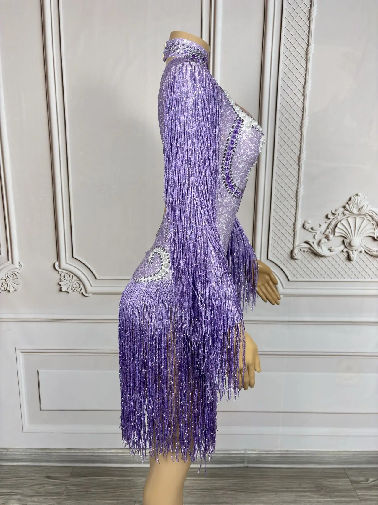 

Gongniu Sparkly Nightclub Party Long Sleeved Tassel Dresses Event Showgirl Stage Performance Sexy Costume Latino Dance Dress