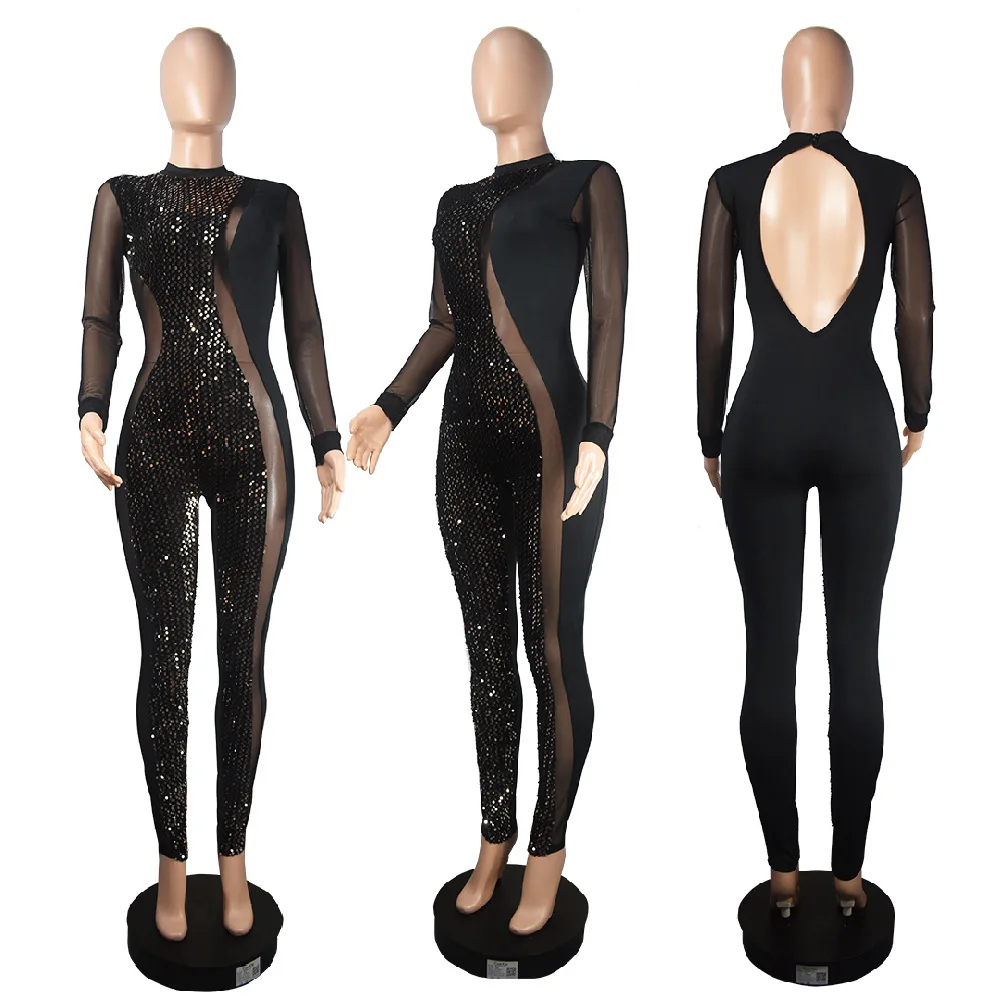 Clothing 2023 Summer Sexy Mesh Sequin Patchwork See Through long sleeve Catsuit Jumpsuit women birthday party club outfits