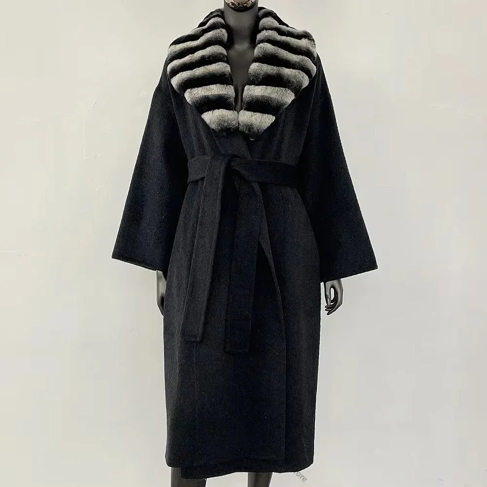 Long Wool Coat Natural Fox Fur Coat Woolen Coat Spring Autumn Women 2025 New Rex Rabbit Fur Jacket Female Warm Fur Collar