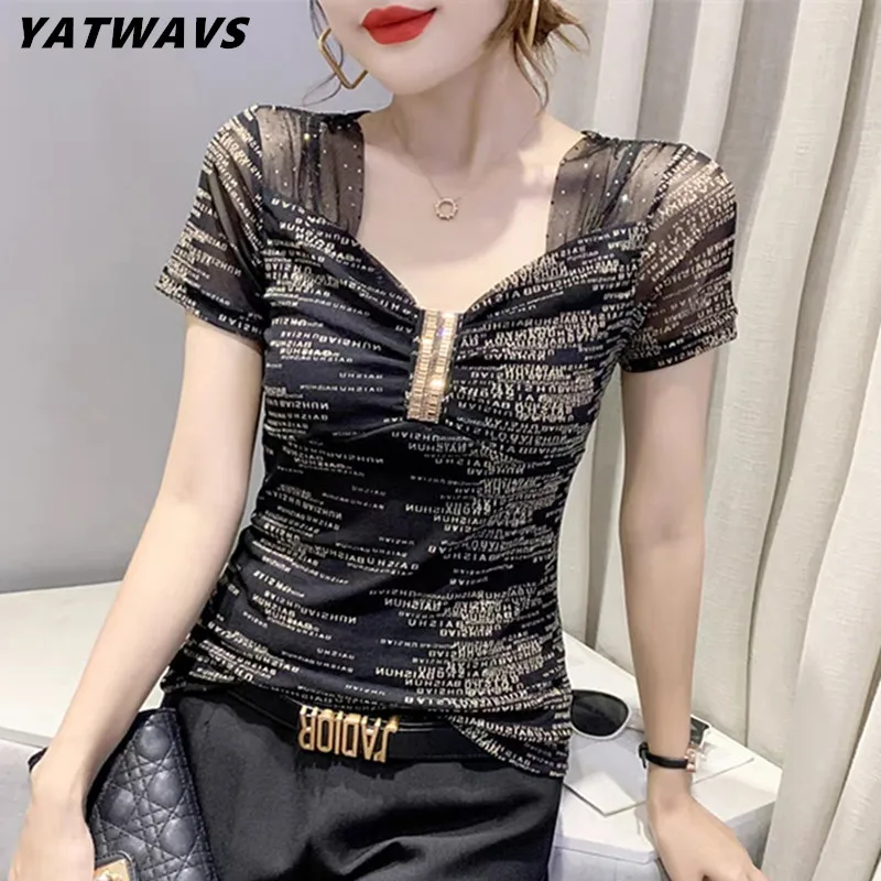 Y2K Women T-Shirt 2023 New Sexy Perspective Embroidery Mesh Tops Fashion Casual Short Sleeve Diamonds Ladies Shirt Blusas Tees