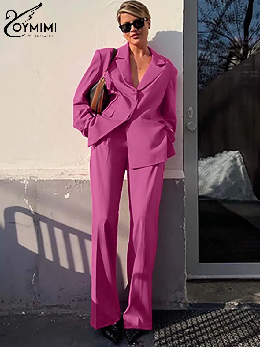 

Oymimi Fashion Pink Womens 2 Piece Outfit Set Elegant Long Sleeve Pockets Side Slit Blazers And Straight Simple Trousers Sets