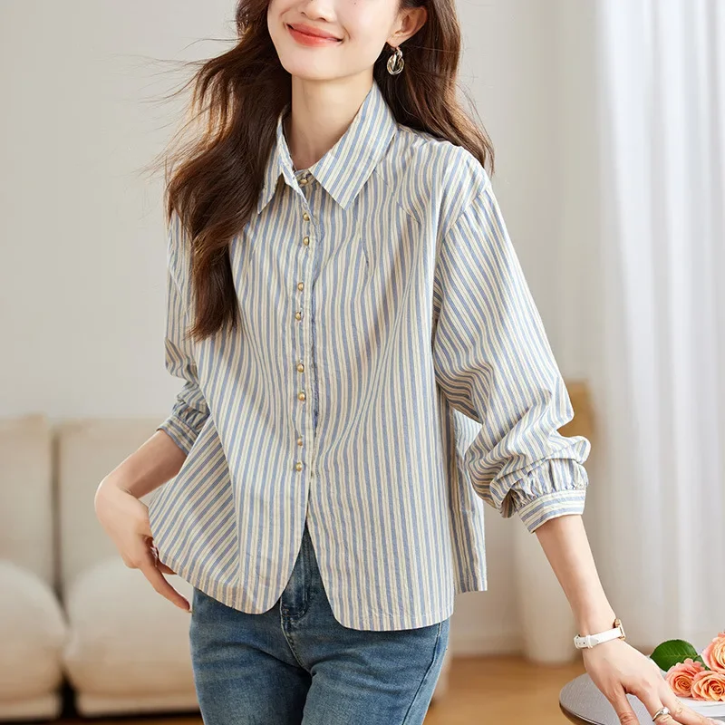 

Lapel striped shirt women's 2025 spring new top high-end casual pearl buckle shirt