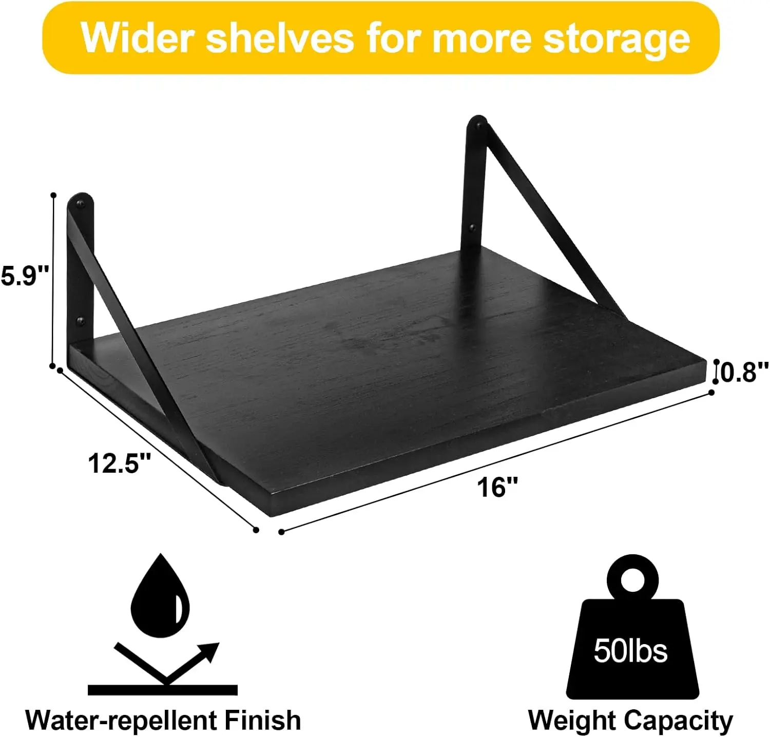 Плавающие полки Настенная книжная полка для спальни, ванной комнаты, деревянная настенная широкая глубокая полка для хранения, набор из 2 настенных полков с черной росписью