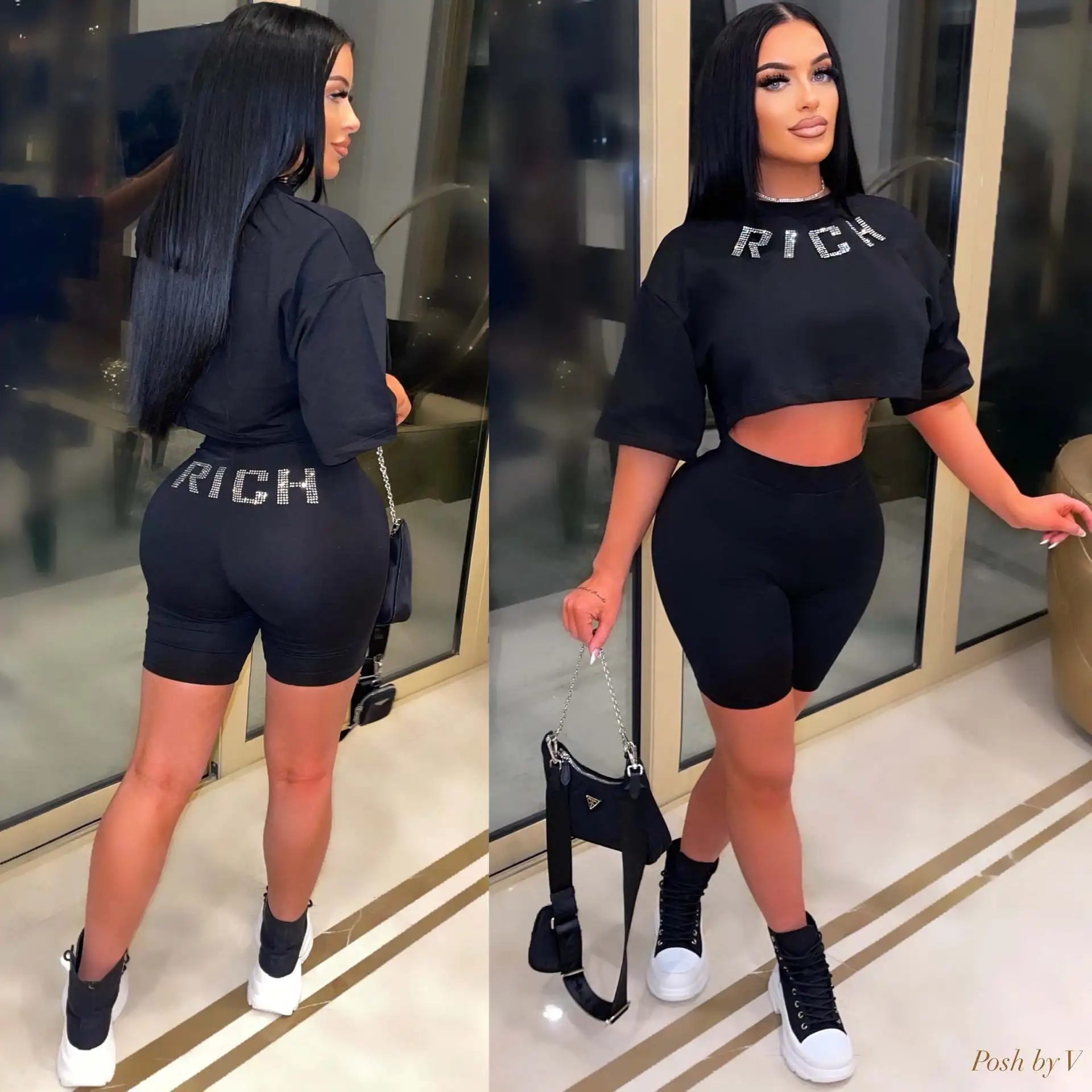 Crystal Letter Women 2 Piece Set Fitness Short Sleeve Sweatshirt Biker Shorts Suit 2022 New Fitness Workout Activewear Tracksuit