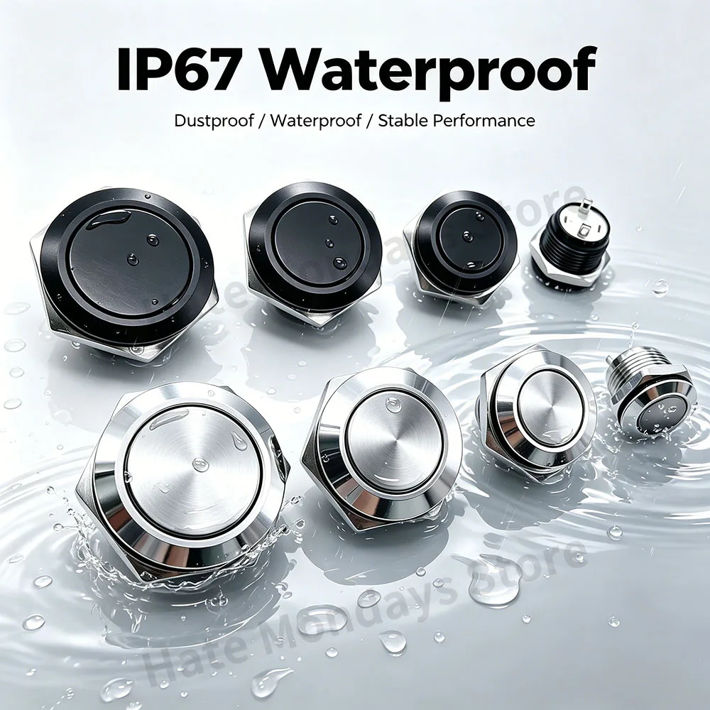 12mm 16mm 19mm 22mm Short Stroke Mini Waterproof Metal Push Button Switch Momentary Self-reset Without Led Silver/Black 1NO 2PIN