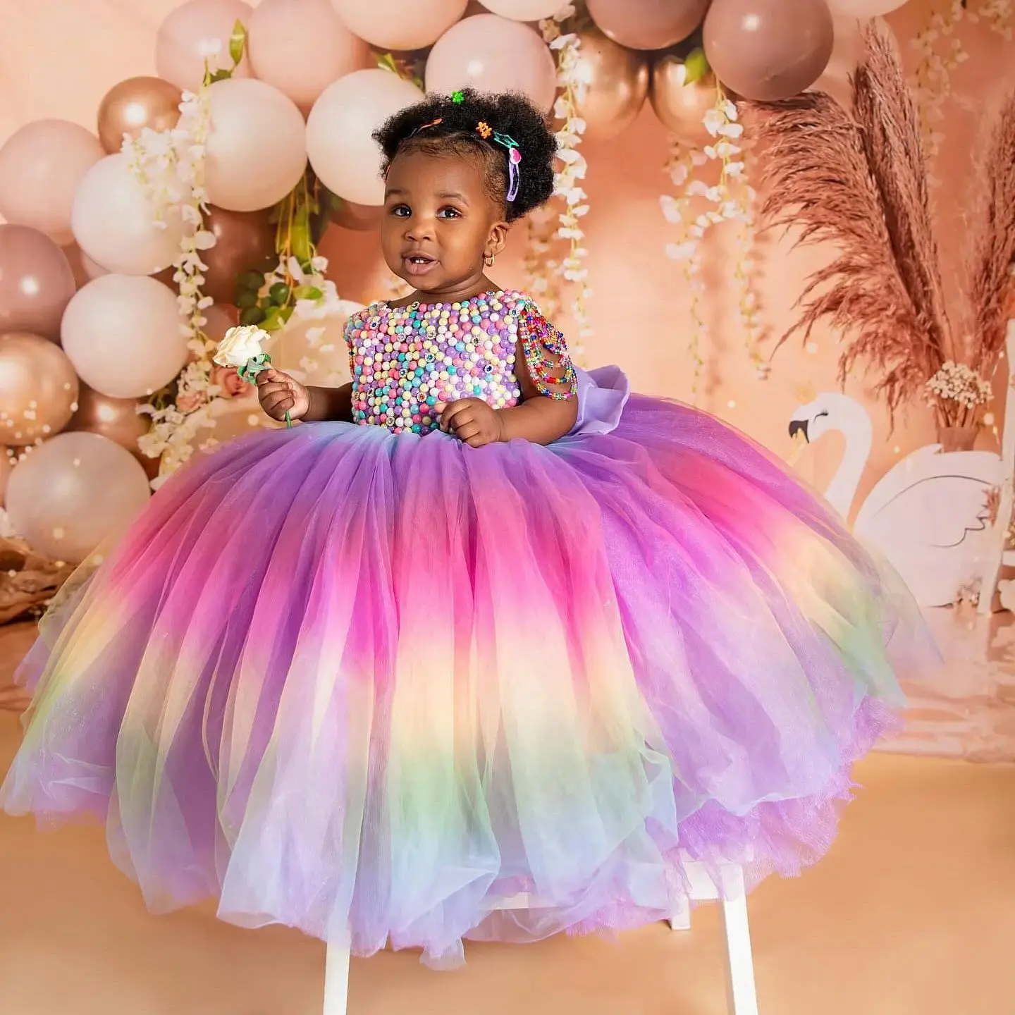 Colorful Beaded Flower Girl Dress Rainbow Tulle Skirt Ball Gowns African Child Birthday Party Dress