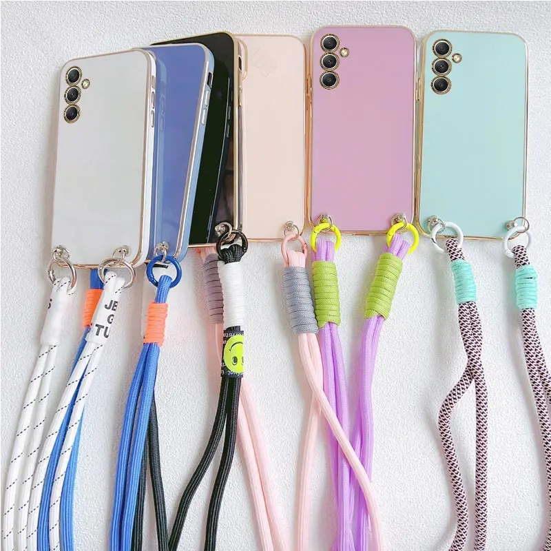 Plating Lanyard Strap Phone Case For Samsung Galaxy A34 A21S A20S A54 5G A10 A10S A11 A12 A13 A14 A750 A23 A01 A02 A04 A54 Cover