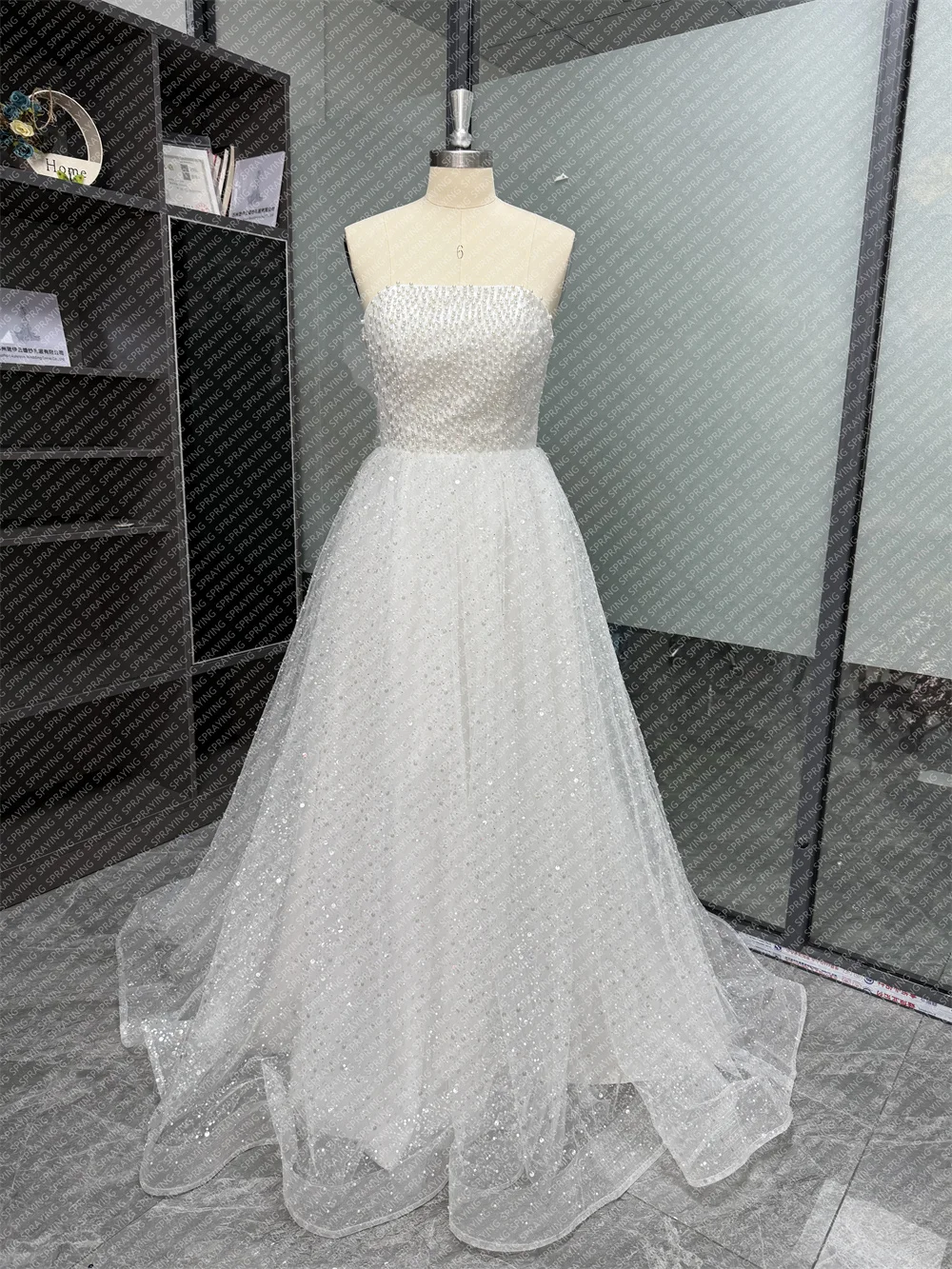 SPRAYING Korean Wedding Photography Tulle Sparkly Off the Shoulder Bridal Gown Floor-Length Long Wedding Dress Corset Back