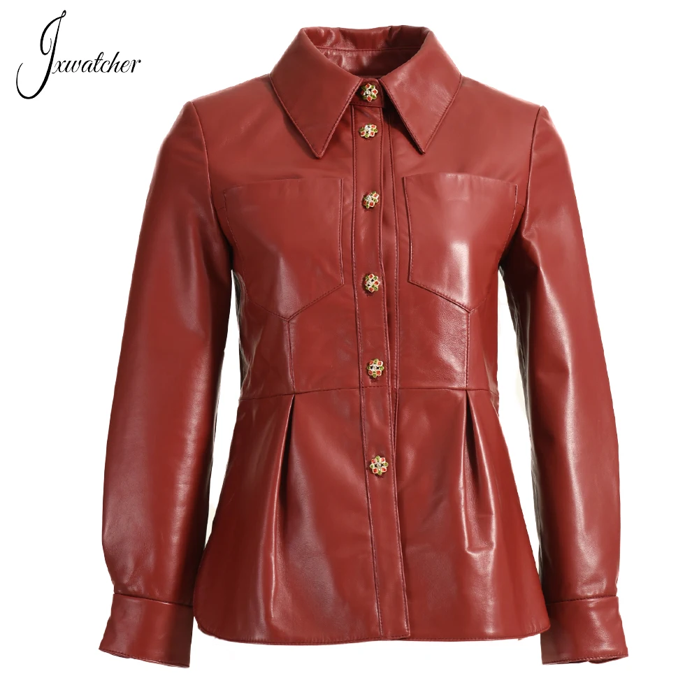 Jxwatcher Jaket Kulit Asli Wanita Musim Semi Baru Kemeja Kulit Asli Wanita Tombol Berlian Imitasi Warna Solid Mantel Kulit Domba Musim Gugur