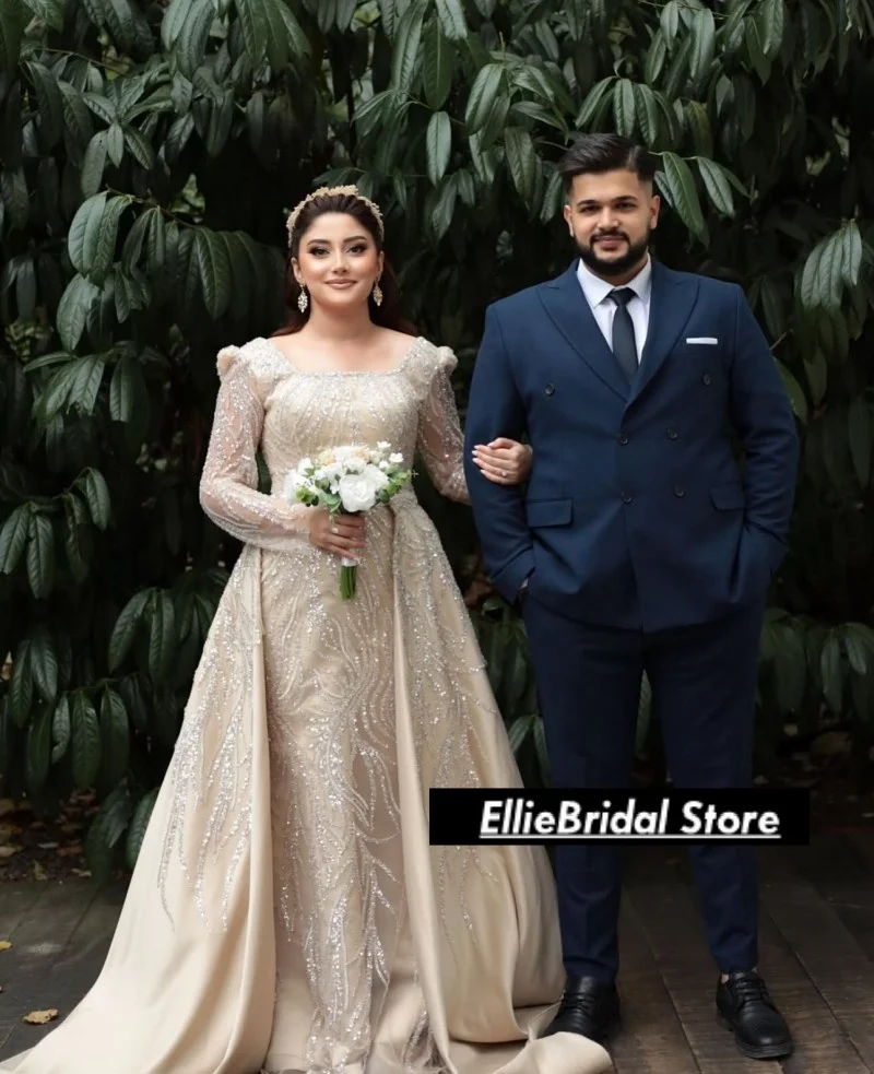 샴페인 스퀘어 넥 웨딩 드레스 럭셔리 스팽글 아플리케 탈부착 가능한 트레인 아랍 맞춤형 신부 드레스 베스티도 데 노비아