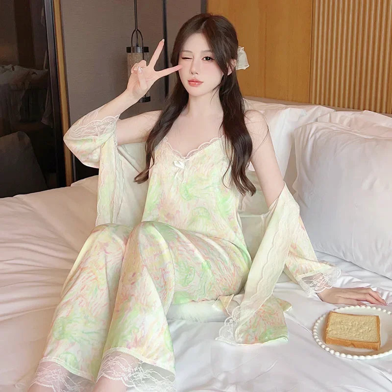

Sexy Suspender Robe Three Piece Set Spring Autumn Pajamas Women's Satin Long Sleeved Pants Home Wear Thin Loose Casual Nightwear
