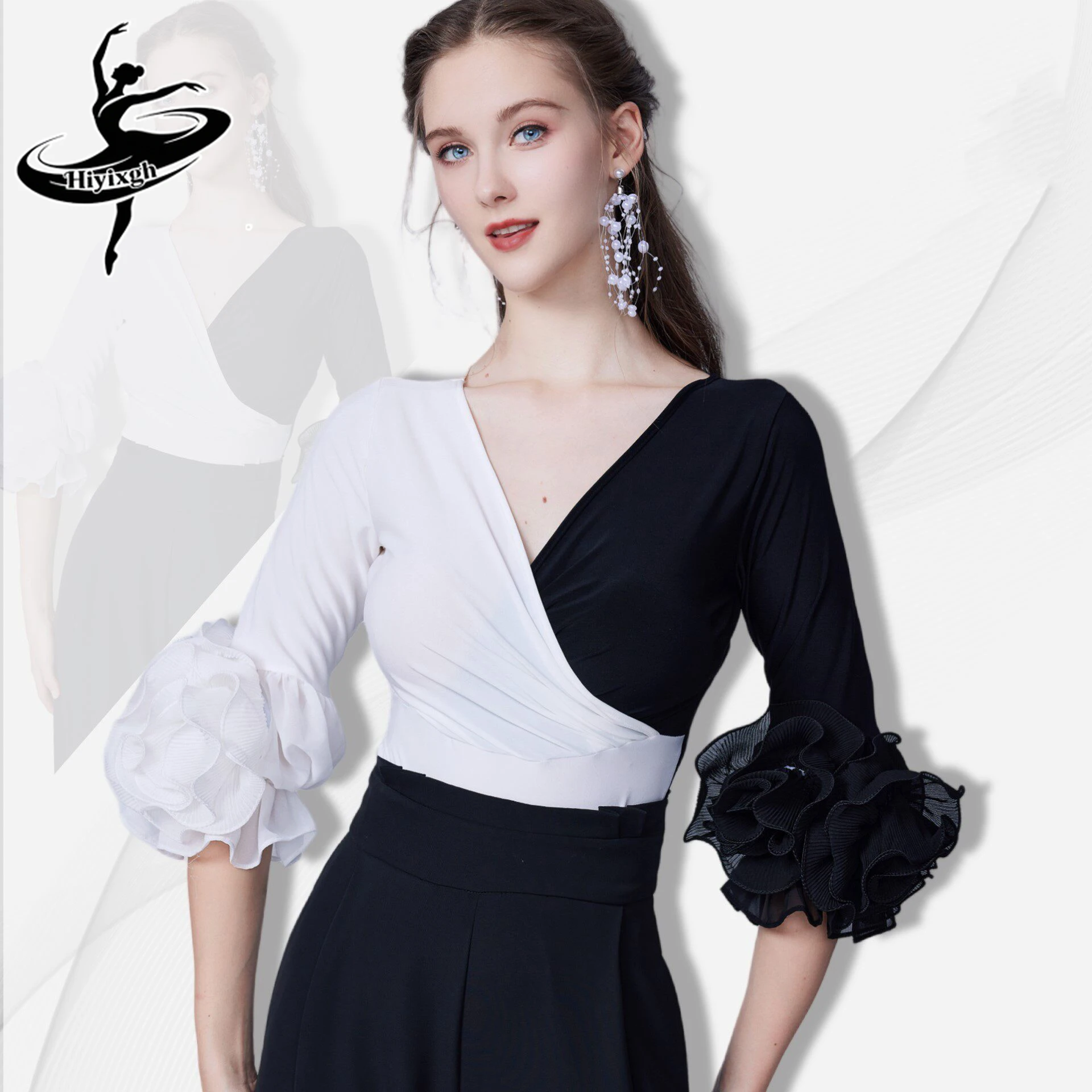 

New Modern Ballroom Dance V-neck Tops Practice Clothes Samba Chacha Tango Dress Latin Dance Performance Costumes Wear