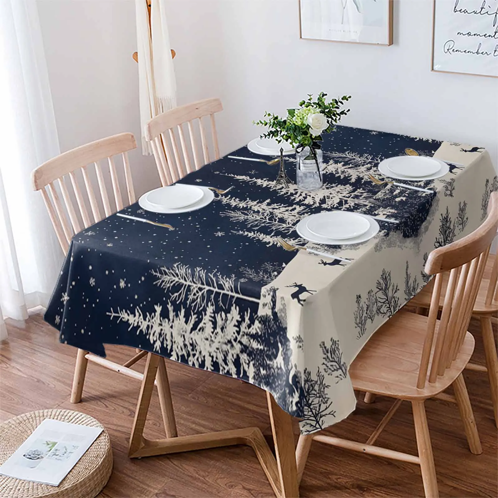 Christmas And Winter Reindeer Snow Scenery Tablecloths Waterproof Kitchen Coffee Table For Living Room Home Decor Dining Table