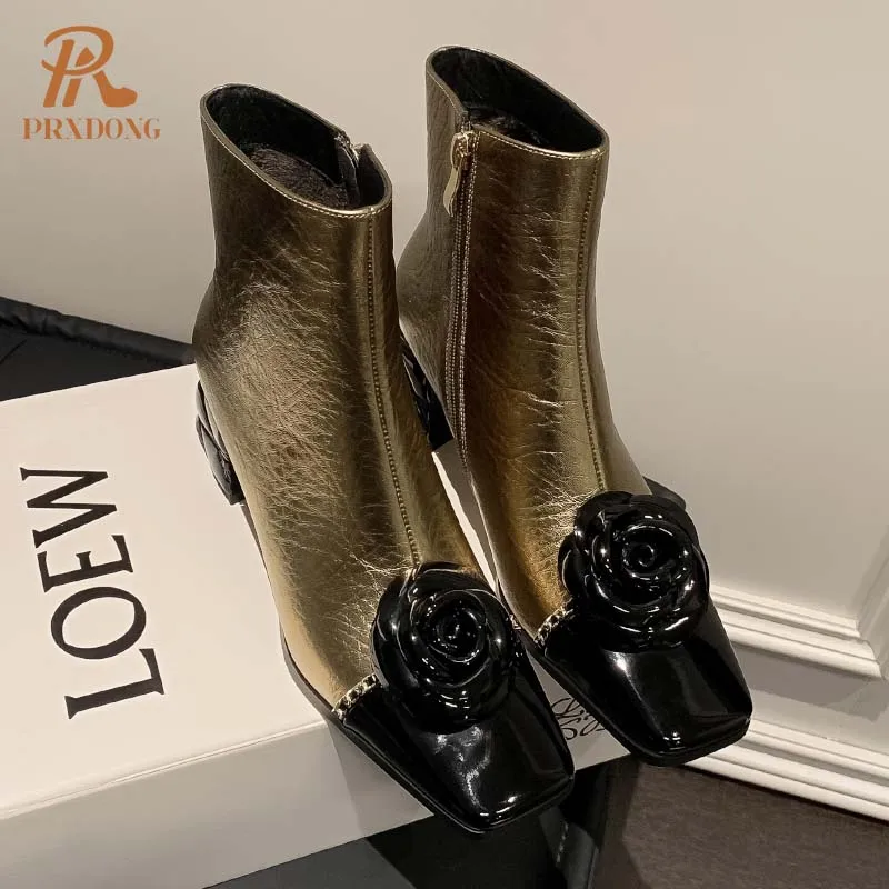 PRXDONG INS 2024 Nowa moda Jesień Zima Ciepłe botki do kostki Chunky High Heel Square Toe Gold Black Zipper Dress Party Lady Shoes