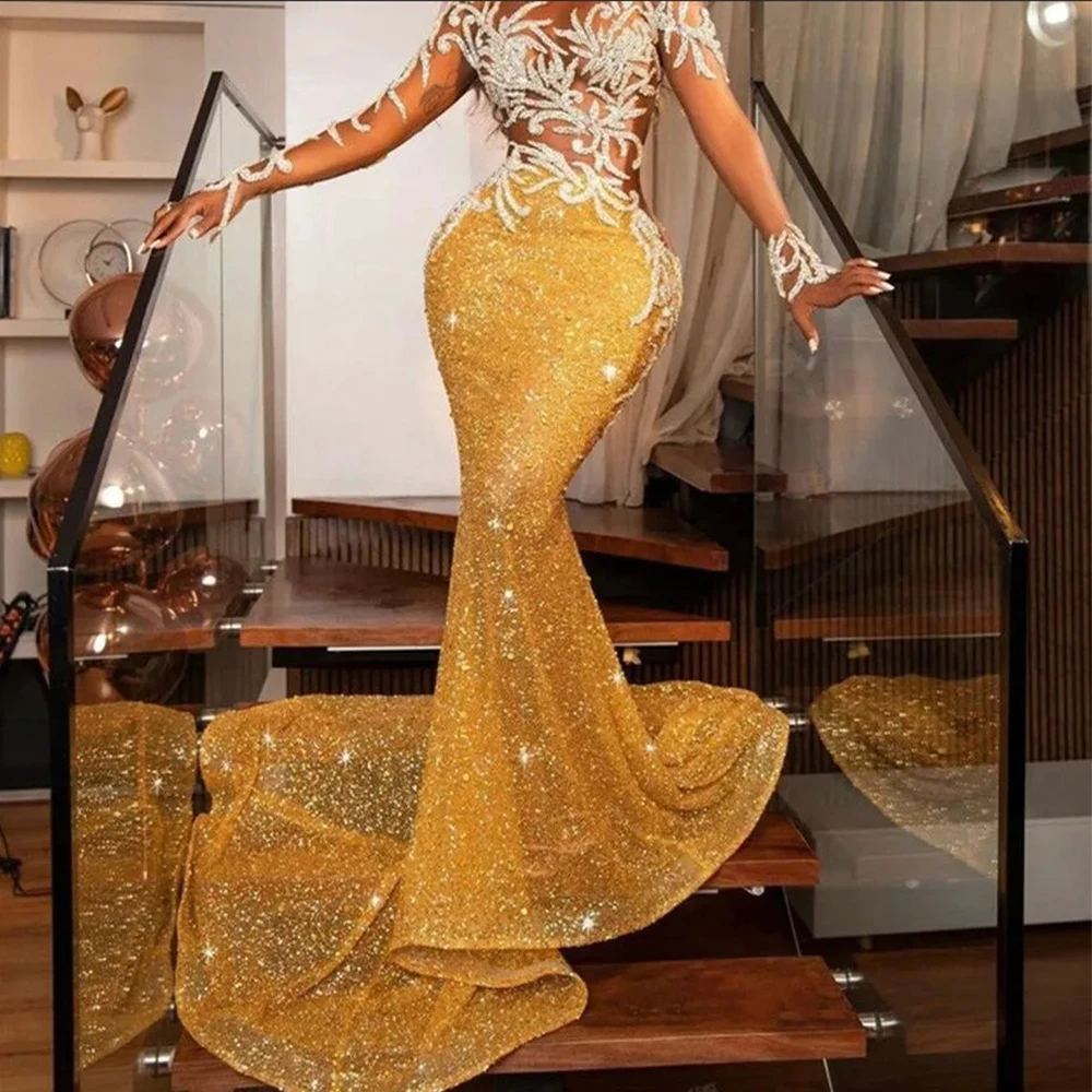 Vestidos de Noche dorados brillantes para mujer, apliques de encaje, Vestidos de graduación de princesa de sirena, fiesta Formal en la playa, Vestidos de celebridades de moda