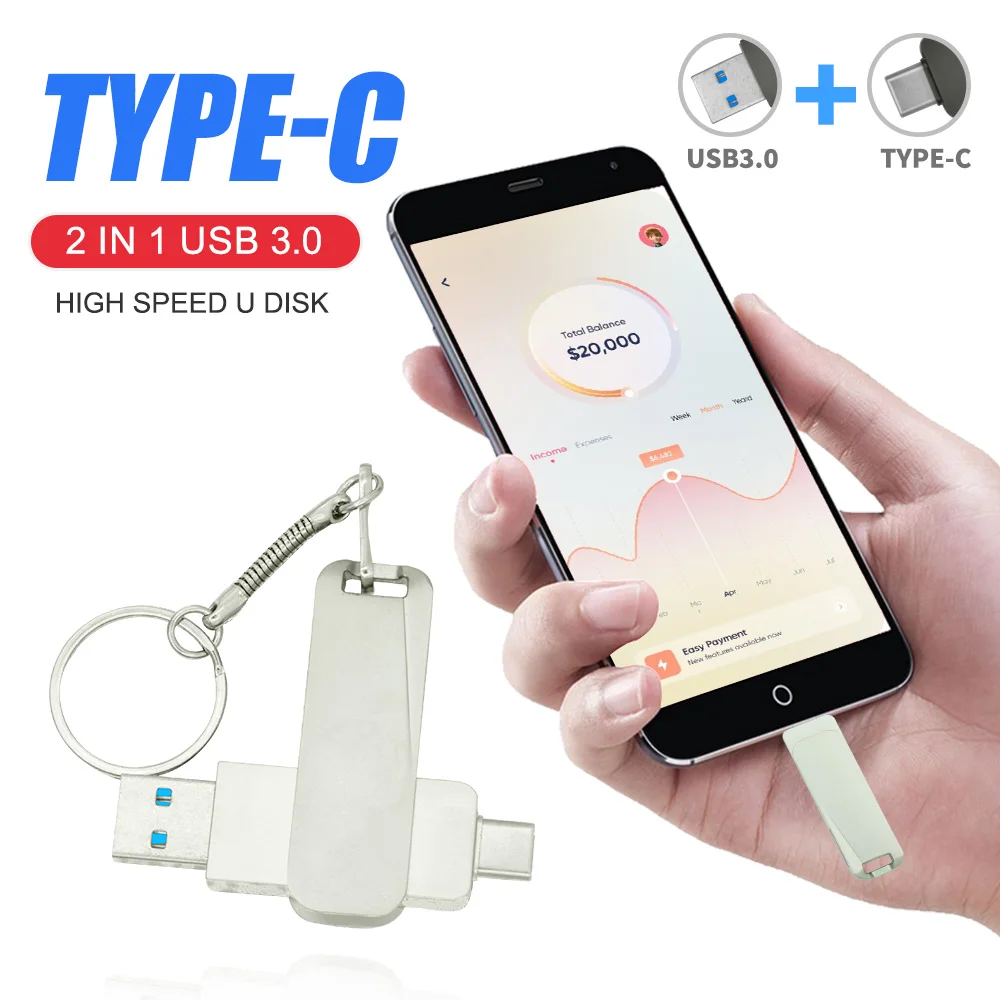 2-in-1 Type-C 3.0 Metal USB Flash Drive 128GB Pen Drive 64GB USB Stick 32GB TYPE C Metal Waterproof Memory stick Business gift