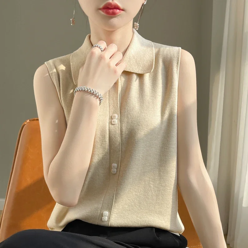 Spring and Autumn New POLO Collar Top Shirt Women's Sleeveless Wool Knitted Tank Top Thin Inner Layup Top