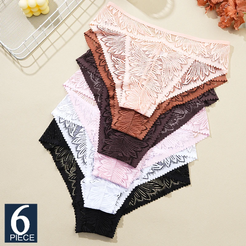 FINETOO 6Pcs/Set Women Seamless Lace Briefs Women Panties Breathable Underwear Female Low Waist Soft Transparent Lingerie S-XXL