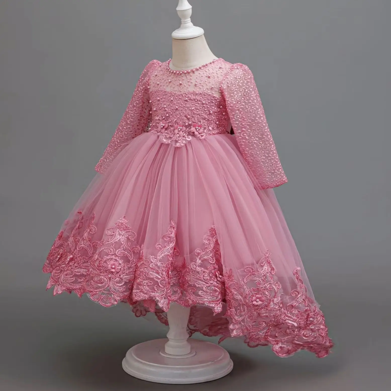 Embroidery Girl Party Dress Pearls Long Sleeve Kid Girls' Princess Clothes Girls Evening Dresses 2-6Y