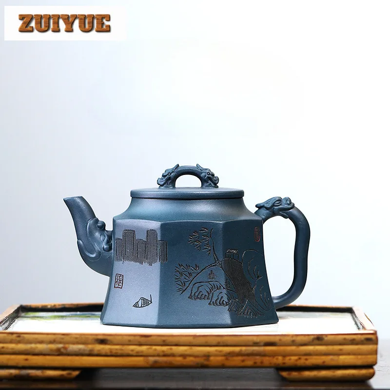 320ml Ancient Yixing Purple Clay Teapots Handmade Octagonal Dragon Pot Raw Ore Azure Mud Kettle With Strainer Zisha Tea Set Gift