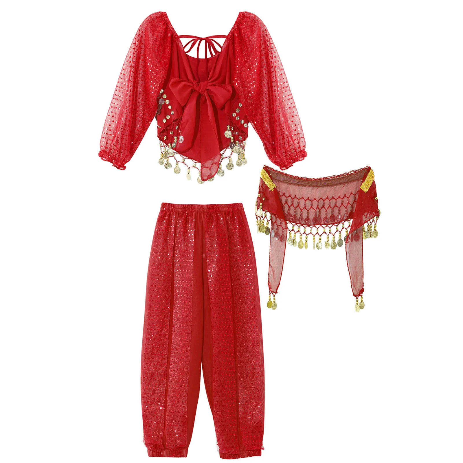 Mädchen Indien Bauchtanz arabische Prinzessin Performance Kostüm Langarm Crop Top mit Harems hose Hüfttuch Bauchtanz für Kinder