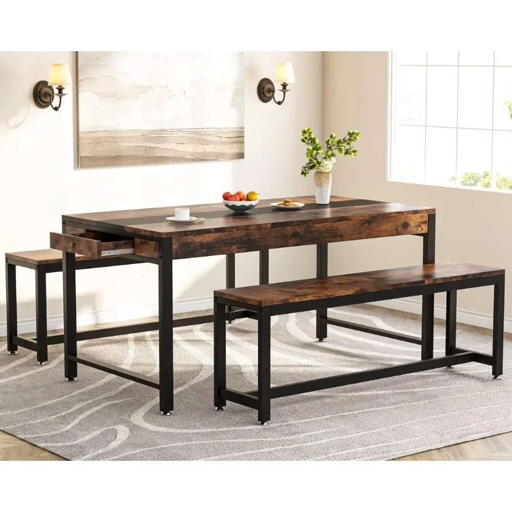 63 Inch Large Dining Table Set for 4 To 6 with 2 Benches and Sided Drawer 3-Piece Modern Industrial Bar Table Furniture