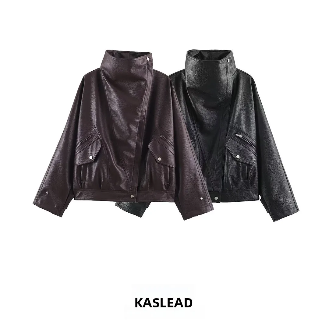 KASLEAD New Women's High-End Leather Effect Jacket Coat Long Sleeve Short Length Zipper Closure Polyester Fiber Autumn Fashion