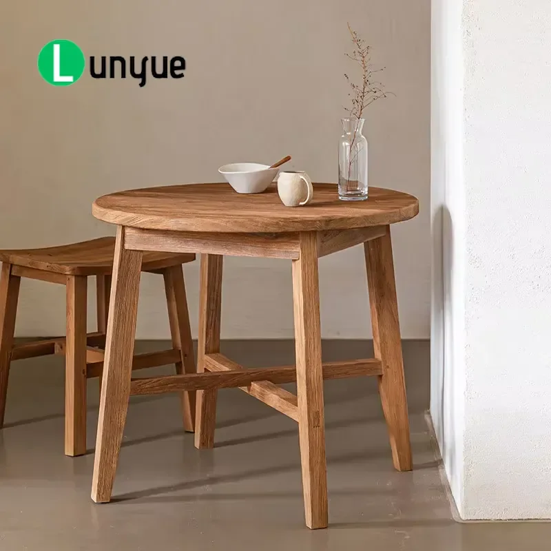 Vintage Elm Round Table Retro Imitation Old Veneer Dining Desk Log Coffee Stool with Mortise and Tenon Joint for Living Room
