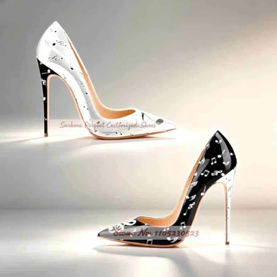 White Black Music Notes Printed High Heel Shoes 12cm Stiletto Heels Pointed Toe Patchwork Slip-on Wedding Pumps Size45