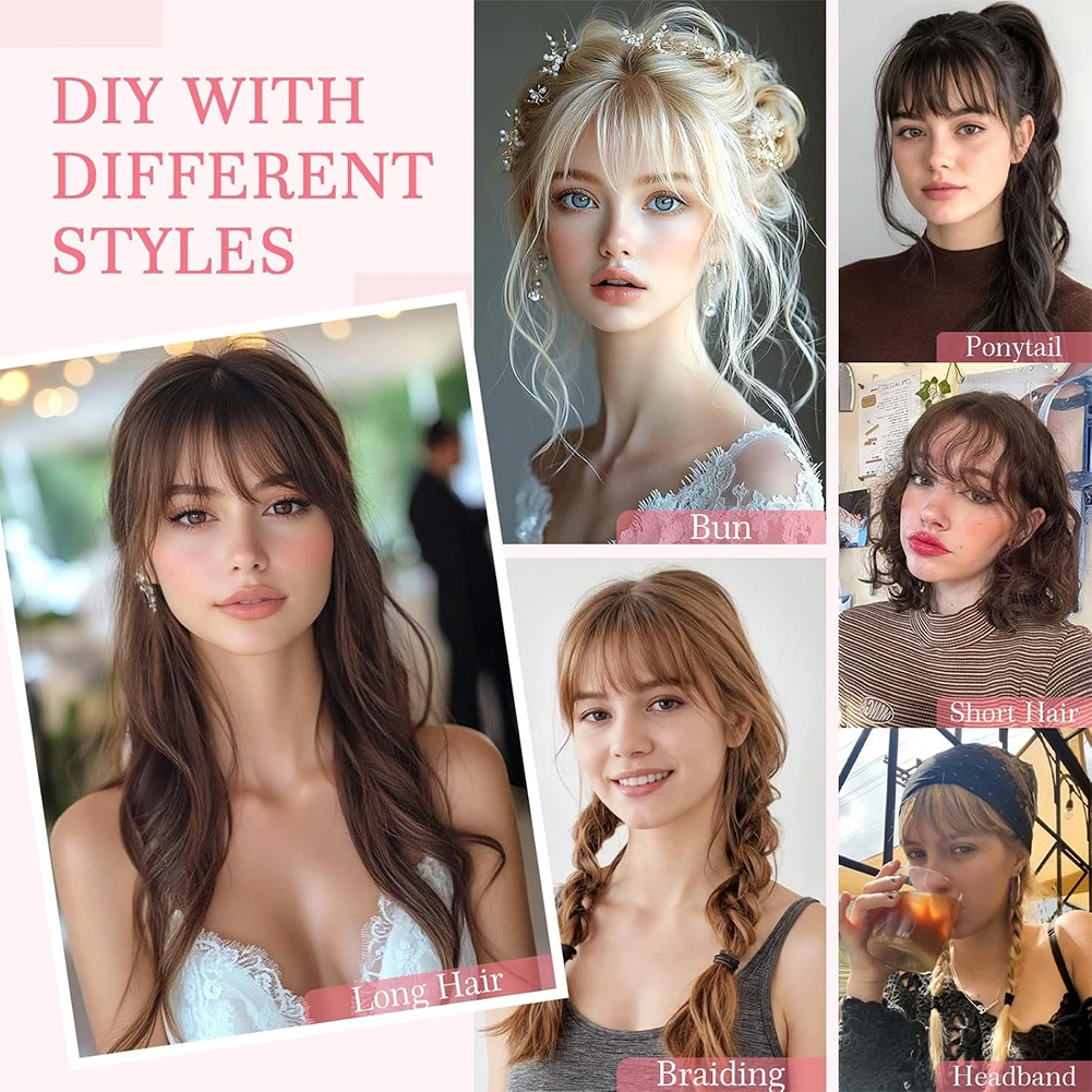 Rambut Asli Manusia 100% Lurus dengan Poni 3D dan Poni Samping untuk Wanita, Ekstensi Jepit Rambut Tipis Terlihat Alami
