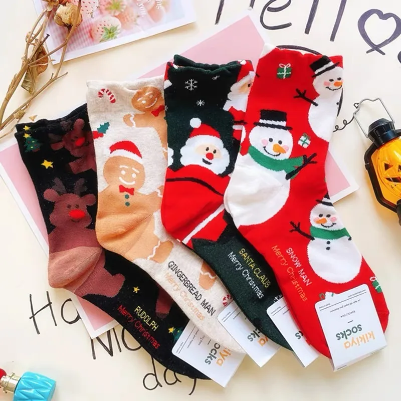 4Pairs Christmas Socks Women Men Autumn Winter Funny Santa Claus Snowman Mid-tube Stockings Cartoon Animal New Year Gift Socks