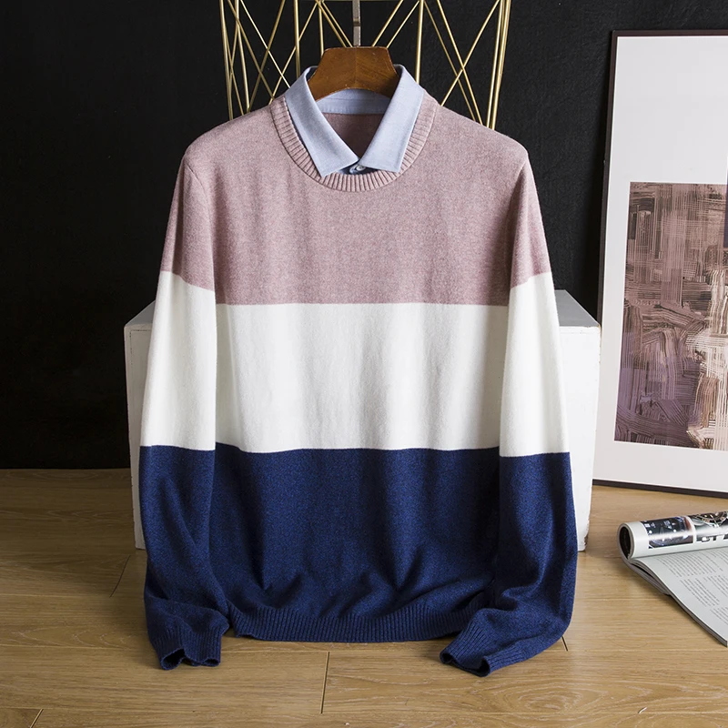 

High-End Knitted irt Collar Casual Top for Men Fake Two-Piece Sle Spring Autumn Slim Fit Long Sve Youth Faion