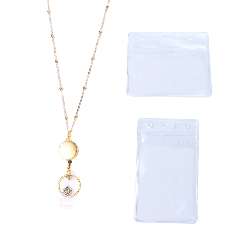 

Stainless Steel Office Supplies DIY Beaded Lanyard with ID Card Holders Retractable Badge Reel Lanyard Badge Holder Necklace