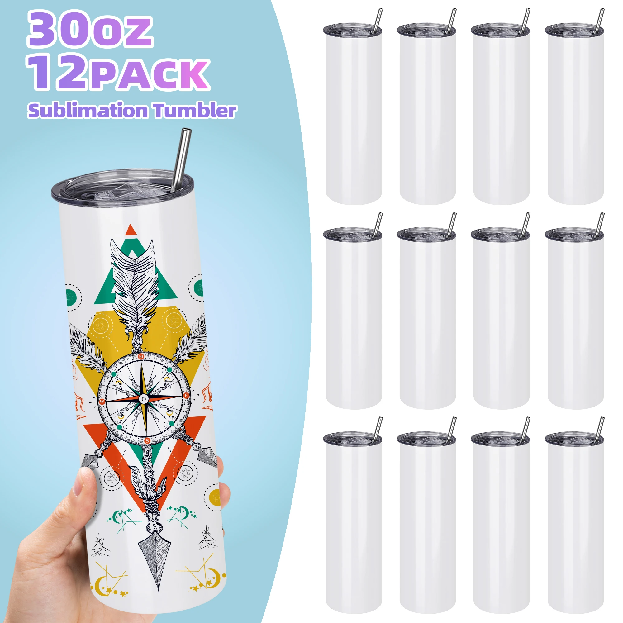 

12 Pack 30oz Sublimation Tumblers & Blanks – Straight,Vacuum Insulated Water Bottle, Ldeal for Sublimation Customization
