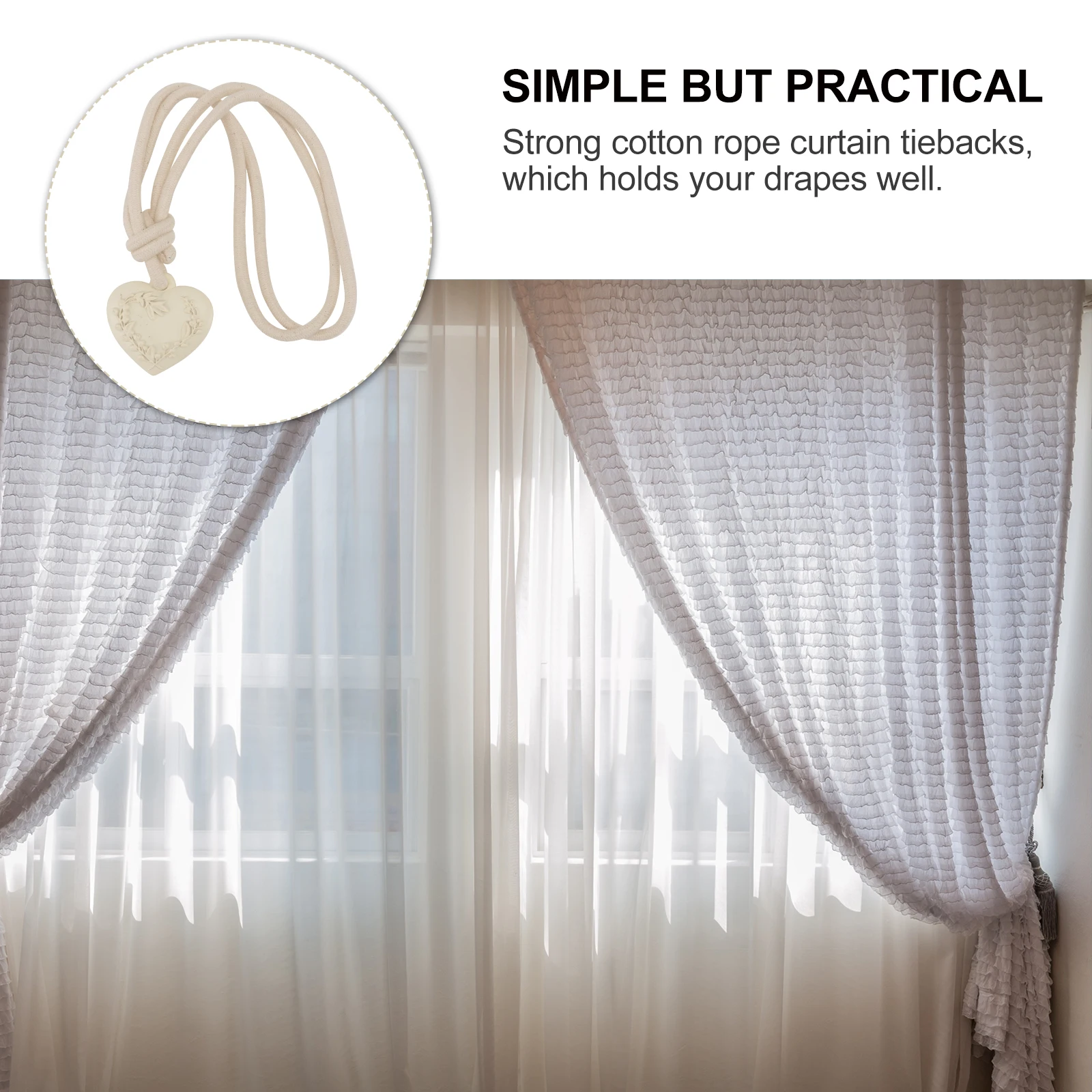 

2Pcs Exquisite Heart Curtain Tiebacks White Cotton Rope Elegant Curtain Ropes for Living Room Bedroom Window Decor