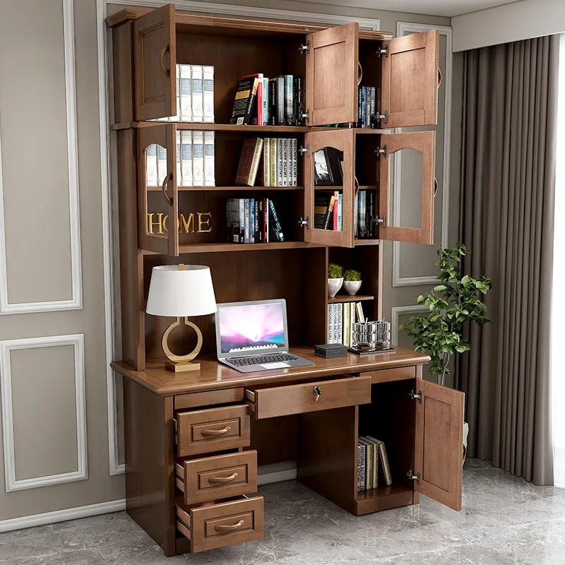 Solid wood desk bookcase integrated whole wall bedroom student study table bookshelf combination household computer desk writing